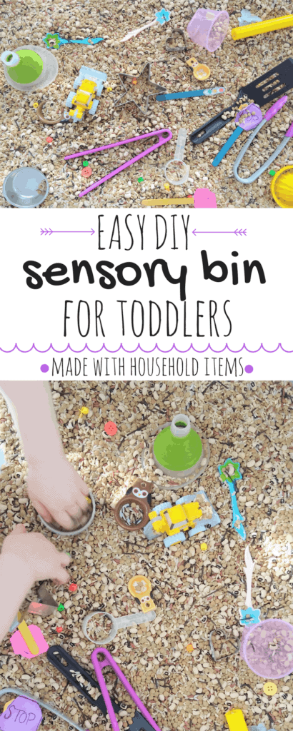 This easy diy toddler sensory bin is the perfect, screen-free way to keep a busy toddler entertained. Made with items you probably already have around the house and in your pantry, this activity can be thrown together fast! | Sensory Bin | Toddler Activities | Easy | DIY | Sensory Play | Sensory Bin for Toddlers | #sensorybin #sensoryplay #toddler #easy #howto #activity