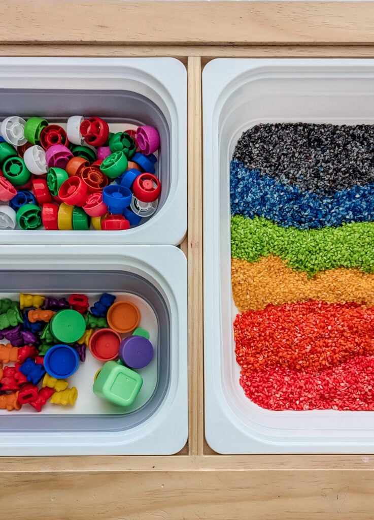 rainbow rice sensory bin